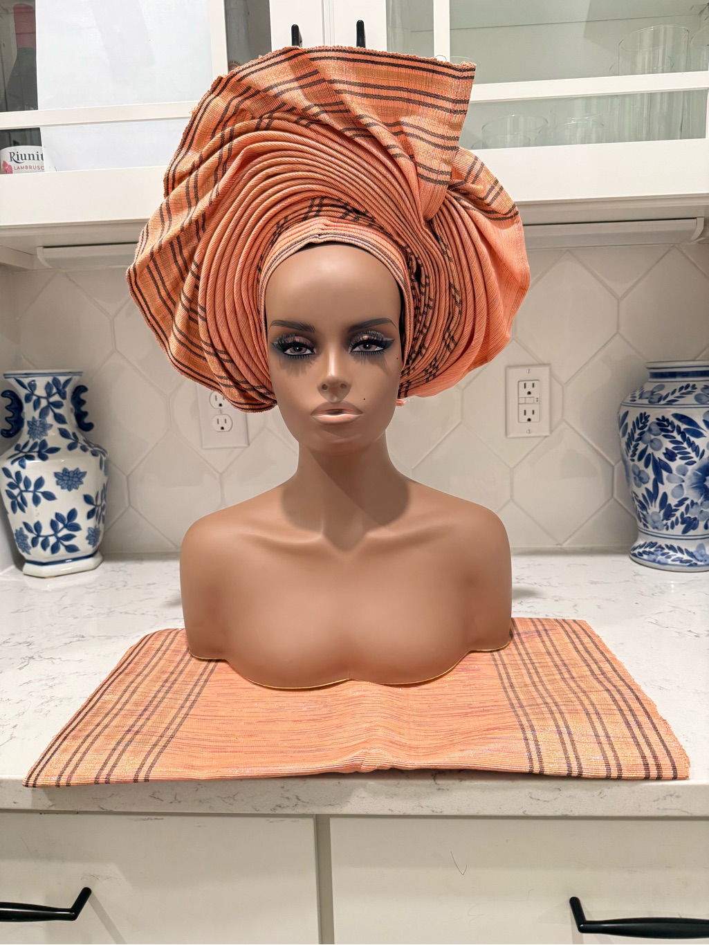 Peach-Orange Striped Traditional African Aso-Oke Auto Gele 2p Set Gele And Ipele